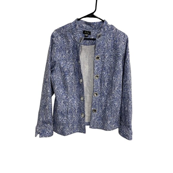 Analogy Womens Blue and White Printed Jacket with Grommet Details SZ Extra Large - Picture 1 of 9